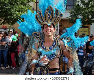 Notting Hill,London/UK 08/29/16 A Handsome Male Exotic Dancer In Colorful Blue Costume At The Notting Hill Carnival 2016