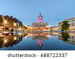 Nottingham Council House and a fountain front shot at Twilight