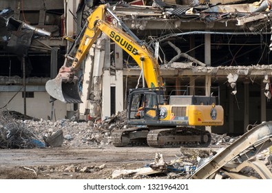Nottingham, East Midlands, UK 02/10/2019 Construction machine working on a demolition site 