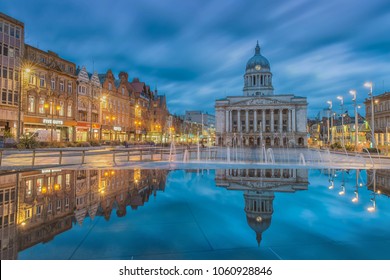 Nottingham, England - April 03, 2018: View of the main Market Square, Nottingham Council House building behind.