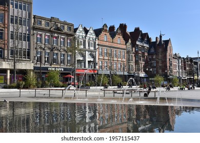 Nottingham, England – April 13, 2020: View of Traditional architecture and historical of the Shops in the old Market Square in Nottingham city centre, England