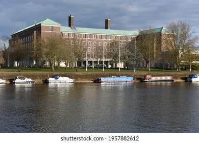 Nottingham, England – April 18, 20201:  Iconic offices at Nottinghamshire County Council, County Hall including Trent Bridge House on the banks of the river Trent located at West Bridgford.
