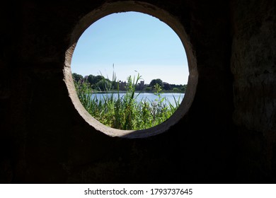 Nottingham/ England - August, 03, 2020: Photo of Newstead Abbey taken through one of the windows at the Cannon Fort.