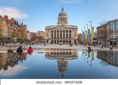 
Nottingham, England - January 13, 2021:  The imposing Nottingham Council House stands high above Nottingham's city centre acting as a backdrop to Nottingham's Old Market Square