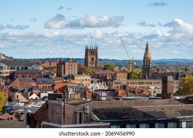 Nottingham, England – November 04, 2021: Areal view of Nottingham Skyline during an autumn afternoon on a sunny day.