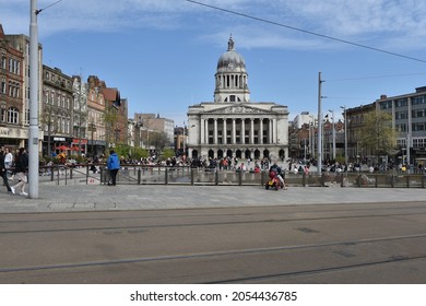Nottingham, England – October 08, 2021: The Nottingham Council House in Nottingham city centre acting as a backdrop to Nottingham's Old Market Square, which is in the foreground.