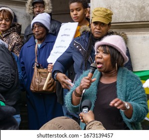 Nottingham, Midlands / UK - Apr 27 2019:
A speaker at the rally outside the council house after the Marcus Garvey Action Group marches through Nottingham