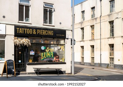 Nottingham, Nottinghamshire, England- June 1, 2021. Tattoo And Piercing Shop Exterior View.