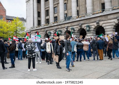 Nottingham, Nottinghamshire, England - May 15, 2021. Crowd of people gathered for the protest "Free Palestine" in front of the council house.
