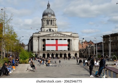 Nottingham, Nottinghamshire, UK, April 23, circa year: Large English flag set up on Nottingham's Council House to celebrate St George's Day