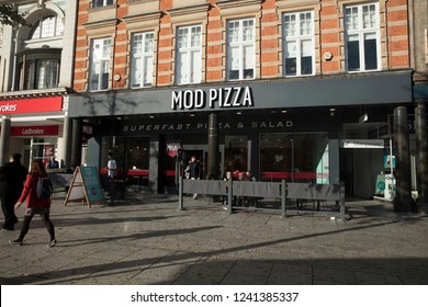 Nottingham, Nottinghamshire, UK: October 2018: MOD Pizza Sign