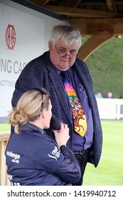 NOTTINGHAM RACECOURSE, NOTTINGHAM, UK : 11 MAY 2019 : Presenter Mike Vince interviews paraplegic and former British Event Rider and now major UK fundraiser Claire Lomas MBE about her next challenge