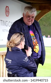 NOTTINGHAM RACECOURSE, NOTTINGHAM, UK : 11 MAY 2019 : Presenter Mike Vince interviews paraplegic and former British Event Rider and now major UK fundraiser Claire Lomas MBE about her next challenge