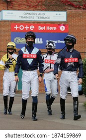 Nottingham Racecourse, Nottingham, UK : 7 October 2020 : Jockeys Wearing Face Masks Due To The Covid-19 Restrictions Enter The Parade Ring