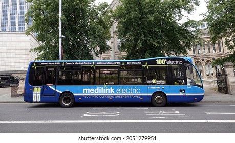 NOTTINGHAM, UNITED KINGDOM - Jul 29, 2021: A Medicine Electric-powered Bus On A Road To Nottingham City Hospital