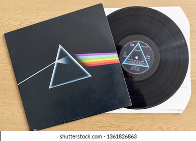 Nottingham,UK. April 07th 2019. The Classic Psychedelic Rock, Prog Rock album by Pink Floyd on the EMI Harvest label. Dark side of the Moon .