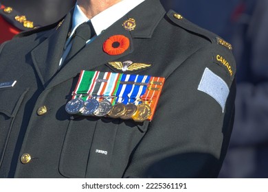 Nov 11, 2022. Calgary, Alberta, Canada. A Member Of The Canadian Armed Forces Wearing A Remembrace Poppy.