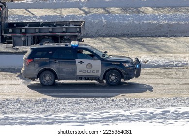 Nov 11, 2022. Calgary, Alberta, Canada. A Police Car Or Cruiser During The Winter.