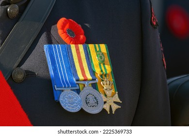 Nov 11, 2022. Calgary, Alberta, Canada. A Close Up To A Member Of The Canadian Armed Forces Wearing A Remembrace Poppy.