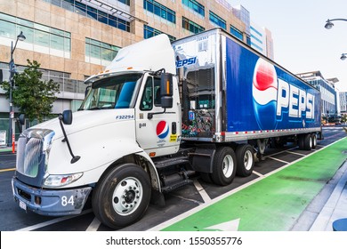 Nov 2, 2019 San Francisco / CA / USA - Pepsi Truck Making Deliveries In The Mission Bay District; PepsiCo, Inc. Is An American Multinational Food, Snack, And Beverage Corporation