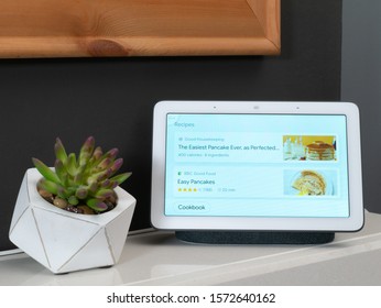 Nov 2019, UK - Google Nest Hub Showing Pancake Recipes With Step By Step Instructions