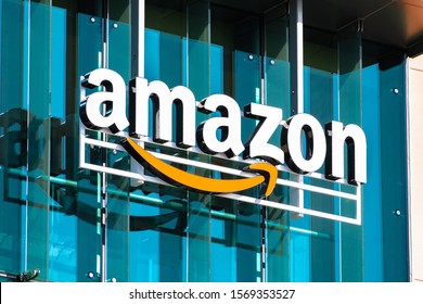 Nov 22, 2019 Palo Alto / CA / USA - Close up of Amazon logo and Smile symbol at one of their corporate offices located in Silicon Valley, San Francisco bay area