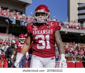 Nov 6, 2021:NCAA Football, Ark 31:28 Miss St- Grant Morgan (31) Walks Out On For The Coin Toss Before The Game At Razorback Stadium, Fayetteville, AR.