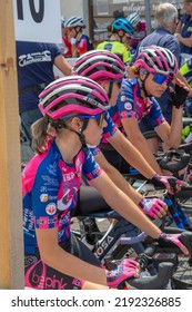 Nova Bana, Slovakia - July, 23, 2022 : Visegrad 4 Bicycle Race 2022. GROUPAMA Ladies Race Slovakia 2022. Group Of Cyclists Competing In The Bicycle Race.