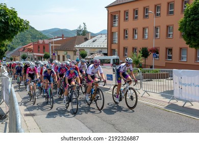 Nova Bana, Slovakia - July, 23, 2022 : Visegrad 4 Bicycle Race 2022. GROUPAMA Ladies Race Slovakia 2022. Group Of Cyclists Competing In The Bicycle Race.