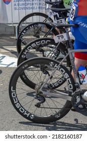 Nova Bana, Slovakia - July, 24, 2022 : Visegrad 4 Bicycle Race 2022. Group Of Cyclists Standing In Front Of The Start Line.