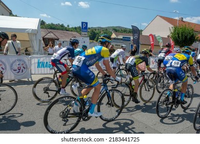 Nova Bana, Slovakia - July, 24, 2022 : Visegrad 4 Bicycle Race 2022. Group Of Cyclists Competing In The Bicycle Race.