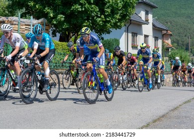 Nova Bana, Slovakia - July, 24, 2022 : Visegrad 4 Bicycle Race 2022. Group Of Cyclists Competing In The Bicycle Race.