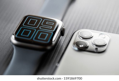 NOVA BANA, SLOVAKIA - NOV 12, 2019: New Apple Watch Series 5 and iPhone 11 Pro smartphone.