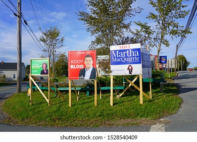 NOVA SCOTIA, CANADA -6 OCT 2019- View Of Political Signs Advertising Candidates For The Canadian Federal Election To Take Place On 21 October 2019.