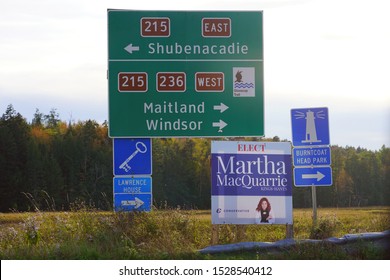 NOVA SCOTIA, CANADA -6 OCT 2019- View Of Political Signs Advertising Candidates For The Canadian Federal Election To Take Place On 21 October 2019.