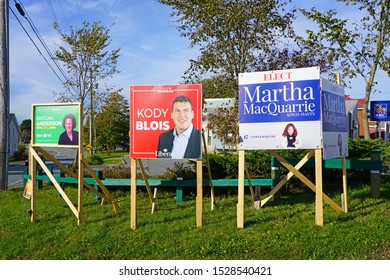 NOVA SCOTIA, CANADA -6 OCT 2019- View Of Political Signs Advertising Candidates For The Canadian Federal Election To Take Place On 21 October 2019.