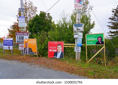 NOVA SCOTIA, CANADA -6 OCT 2019- View Of Political Signs Advertising Candidates For The Canadian Federal Election To Take Place On 21 October 2019.