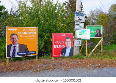 NOVA SCOTIA, CANADA -6 OCT 2019- View Of Political Signs Advertising Candidates For The Canadian Federal Election To Take Place On 21 October 2019.