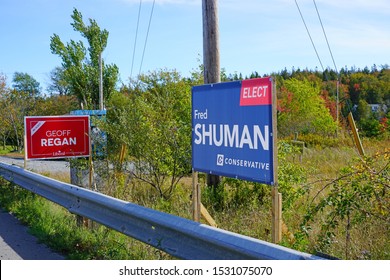 NOVA SCOTIA, CANADA -6 OCT 2019- View Of Political Signs Advertising Candidates For The Canadian Federal Election To Take Place On 21 October 2019.