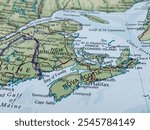 Nova Scotia, Canada, a detailed atlas map, suitable to illustrate travel destination and tourism backgrounds, world trade and economy