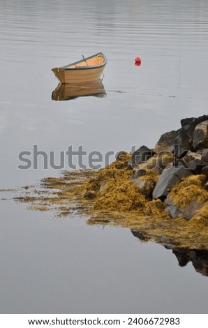 Nova Scotia Shelburne Village Dory Boat Reflection on Foggy Day
