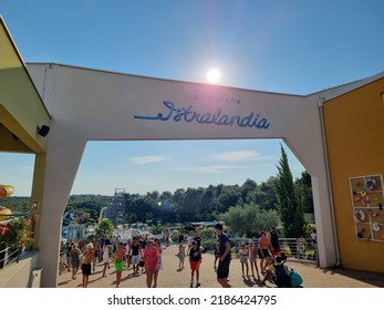 Nova Vas, Croatia - July 27 2022: The Entrance Of Aquapark Istralandia In The City Of Nova Vas In Croatia. It's Was Ranked The Second Best Aquapark In Europe In 2020. People Visiting The Aquapark.