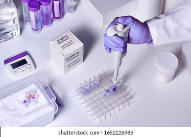 Novel coronavirus 2019 nCoV RT-PCR diagnostics kit. Reagents, primers and control samples to detect presence of 2019-nCoV or covid19 virus. In vitro diagnostic test based on real-time PCR.