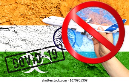 Novel Coronavirus Disease Named COVID - 19, With The Flag Of India Shown Against A Cracked Wall, Contains The Concept Of A Ban On Air Travel Between Countries