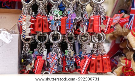 Novelty key rings for sale by Street Vendor, London