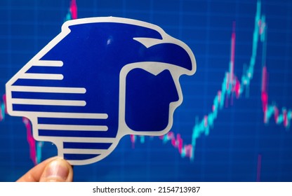 November 10, 2021, Mexico City, Mexico. Aeromexico Emblem Against The Background Of A Share Price Chart.