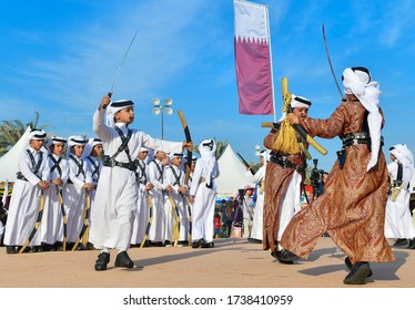 NOVEMBER 10,2017-DOHA,QATAR:Qatari Boys Perform Performing Traditional Dances During Qatar Museum Of Islamic Art Community Day Event At Museum Of Islamic Art Park In Doha 