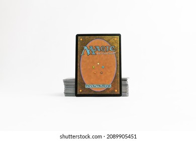 November 12 2021 - Vancouver Canada: Magic the Gathering card trading cards and deck on plain white background