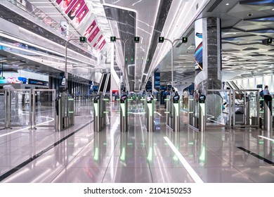 November 13, 2021 UAE, Dubai. A row of turnstiles at the entrance to the metro station expo 2020 . Dubai Metro.