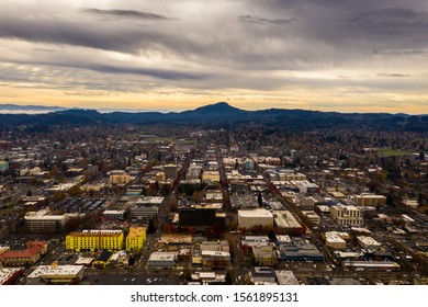 November 14, 2019: Eugene Oregon, USA. Rooftops, aerial shot